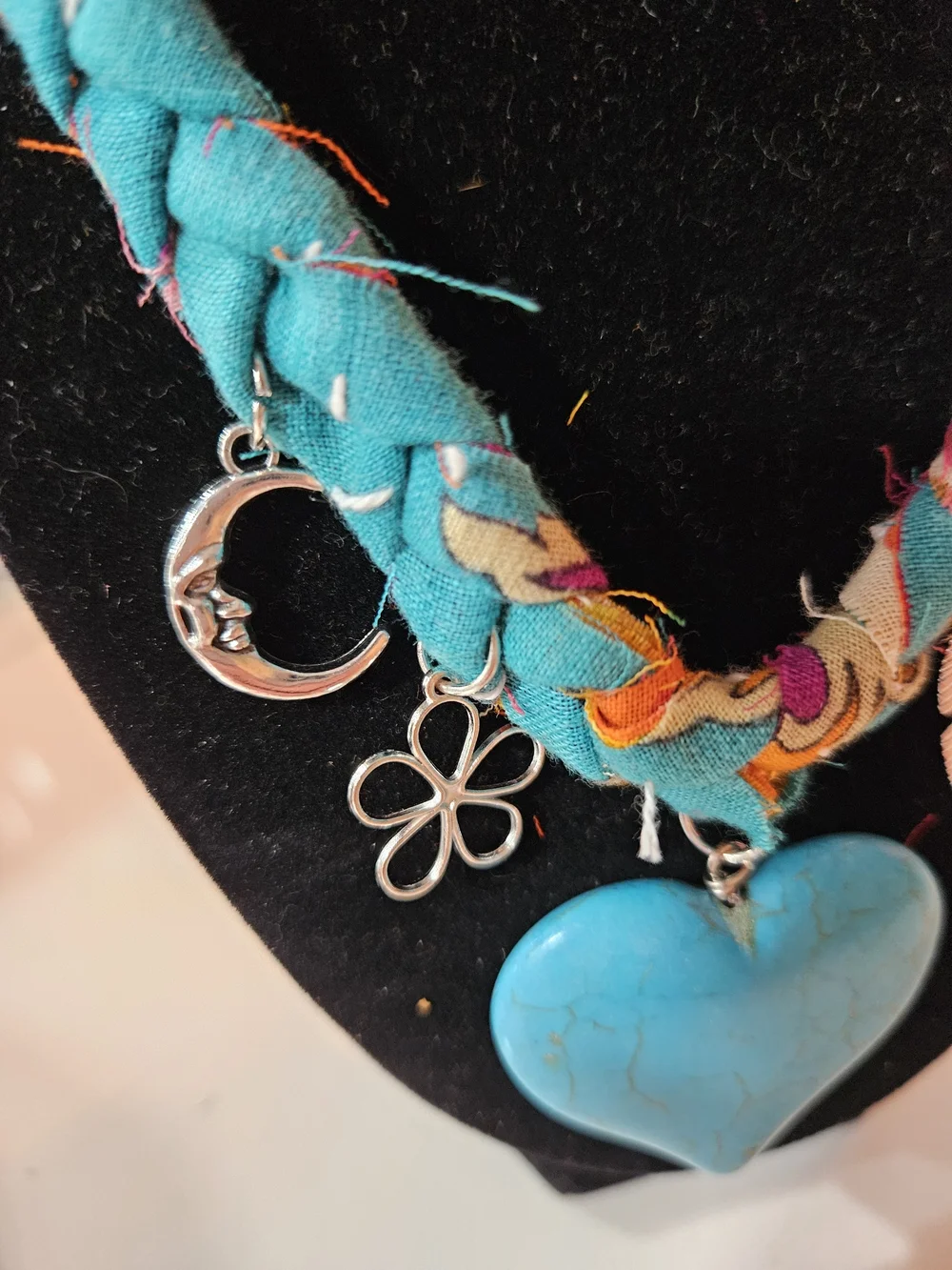 Turquoise Heart Pendant Braided Kantha Fabric Necklace with Charms